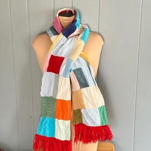 Handmade Patchwork Quilt Fringe Scarf Thriftcore Indie Folk Whimsical Whimsy